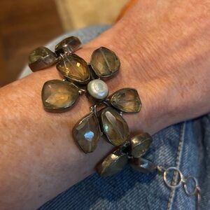 Vtg Smoky Quartz Hand Carved Sterling Silver Stamped 925 Flower Bracelet Pearl
